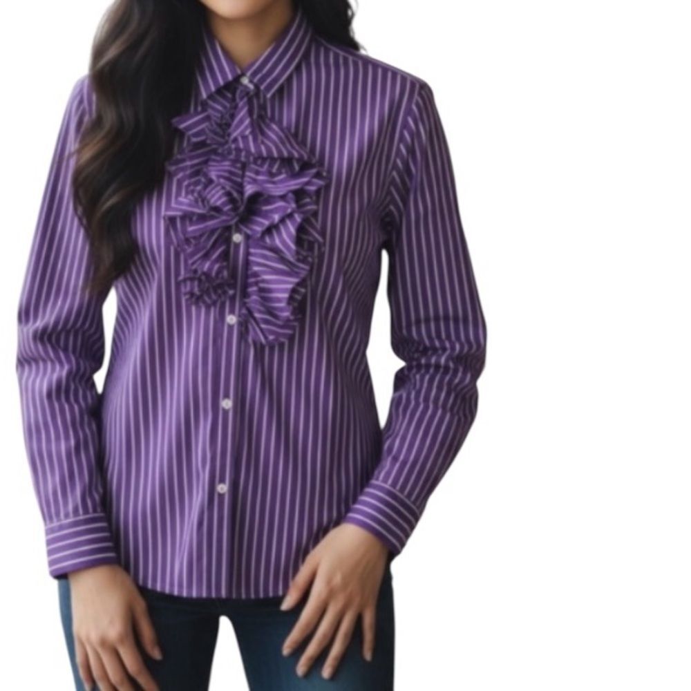 LAUREN RALPH LAUREN Purple Stripe Shirt Blouse with Volant